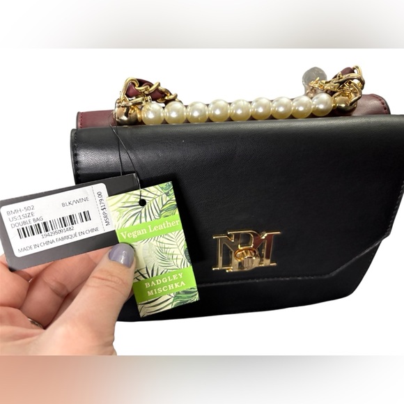 Badgley Mischka Black and Wine Double Crossbody Bag with Pearls - Picture 12 of 13